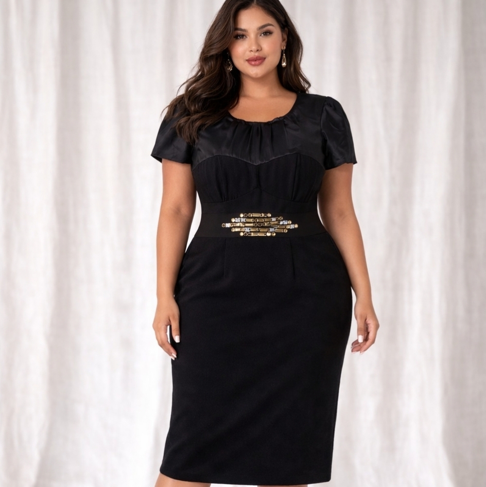 Nue by Shani Black Midi Dress with Gold Accents